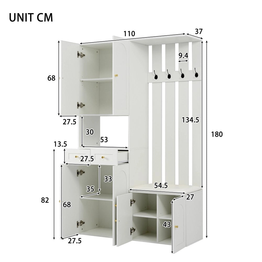 Set Ingresso con Scarpiera, Panca e Appendiabiti ¨C MINIMAL ¨C Bianco, 4 Ganci, 6 Ante, 2 Cassetti, 110x180x37 cm