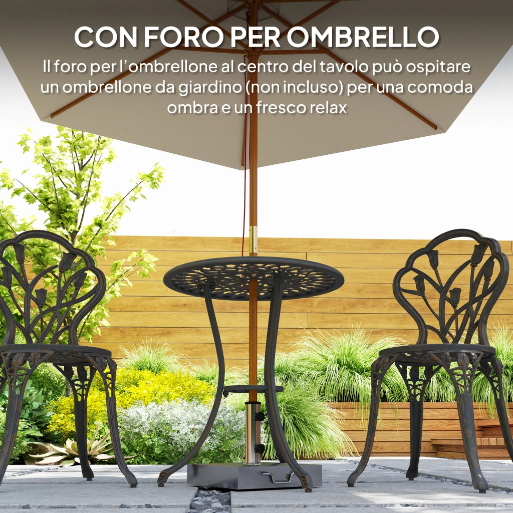 Set da Esterno 3 Pezzi con 2 Sedie da Giardino e Tavolo Rotondo con Foro per Ombrellone, Bronzo