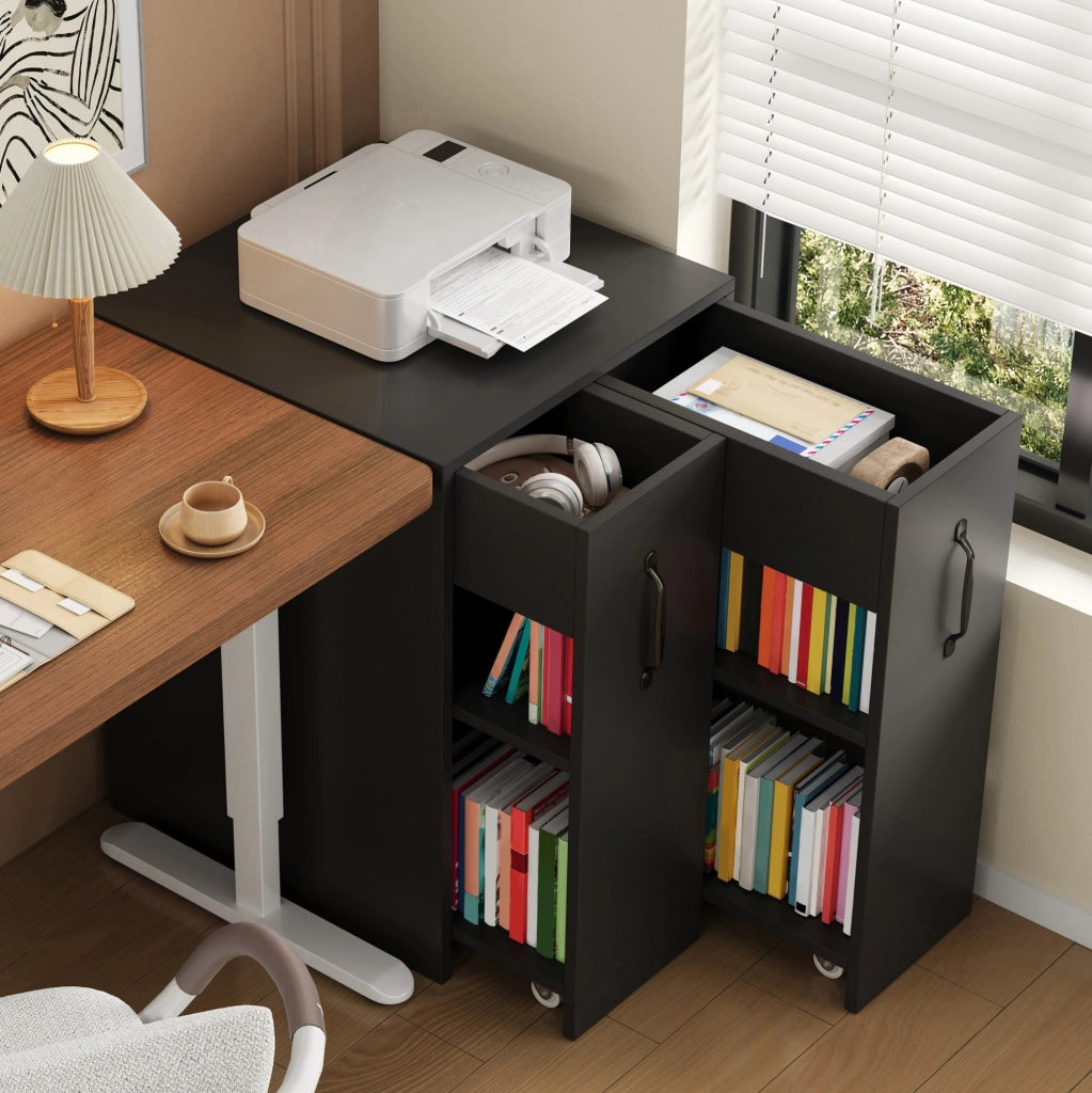 Mobile contenitore su ruote con ripiani aperti e moduli laterali reversibili; 52x50x75 cm; nero