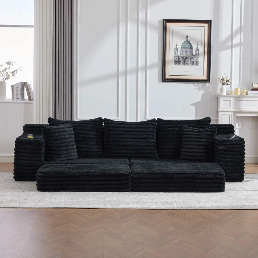 Divano letto modulare in tessuto effetto velluto con schienale alto, tasche laterali e portabicchieri nero