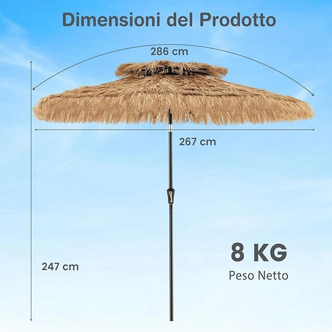Ombrellone da Spiaggia 270 cm, Ombrellone Hawaiano in Paglia PE con 8 Stecche, Manovella Manuale, Inclinazione Regolabile, Ombrellone Portatile per Spiaggia, Patio