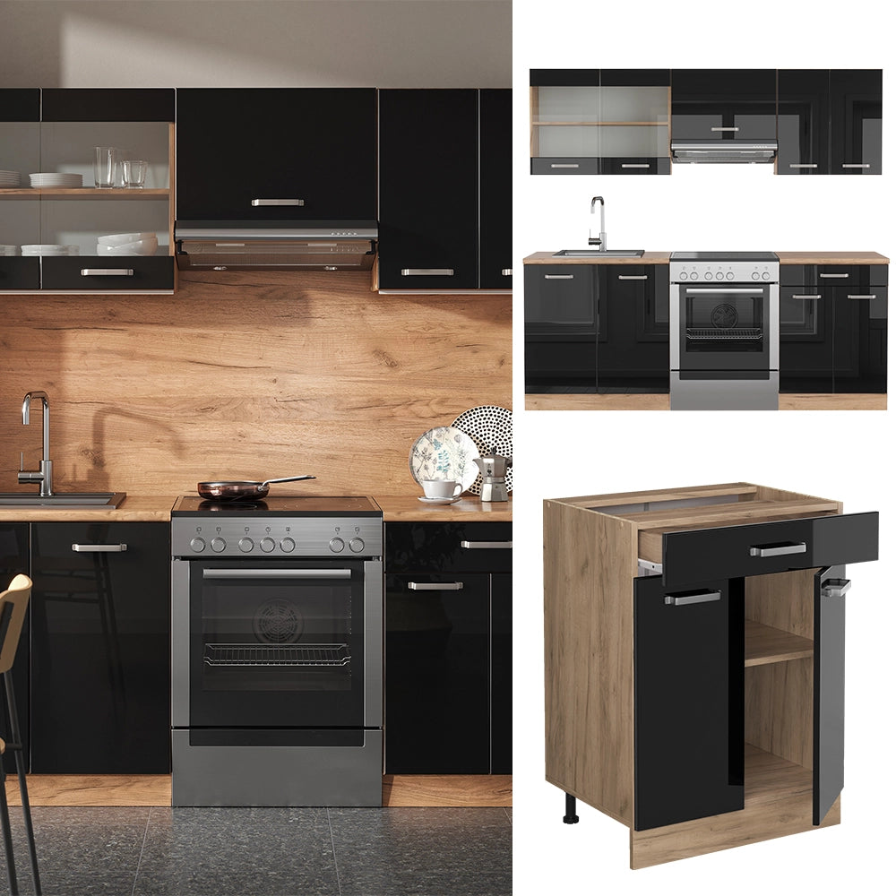 Vicco Cucina componibile Rovere nero/oro lucido 200 cm , PL Antracite