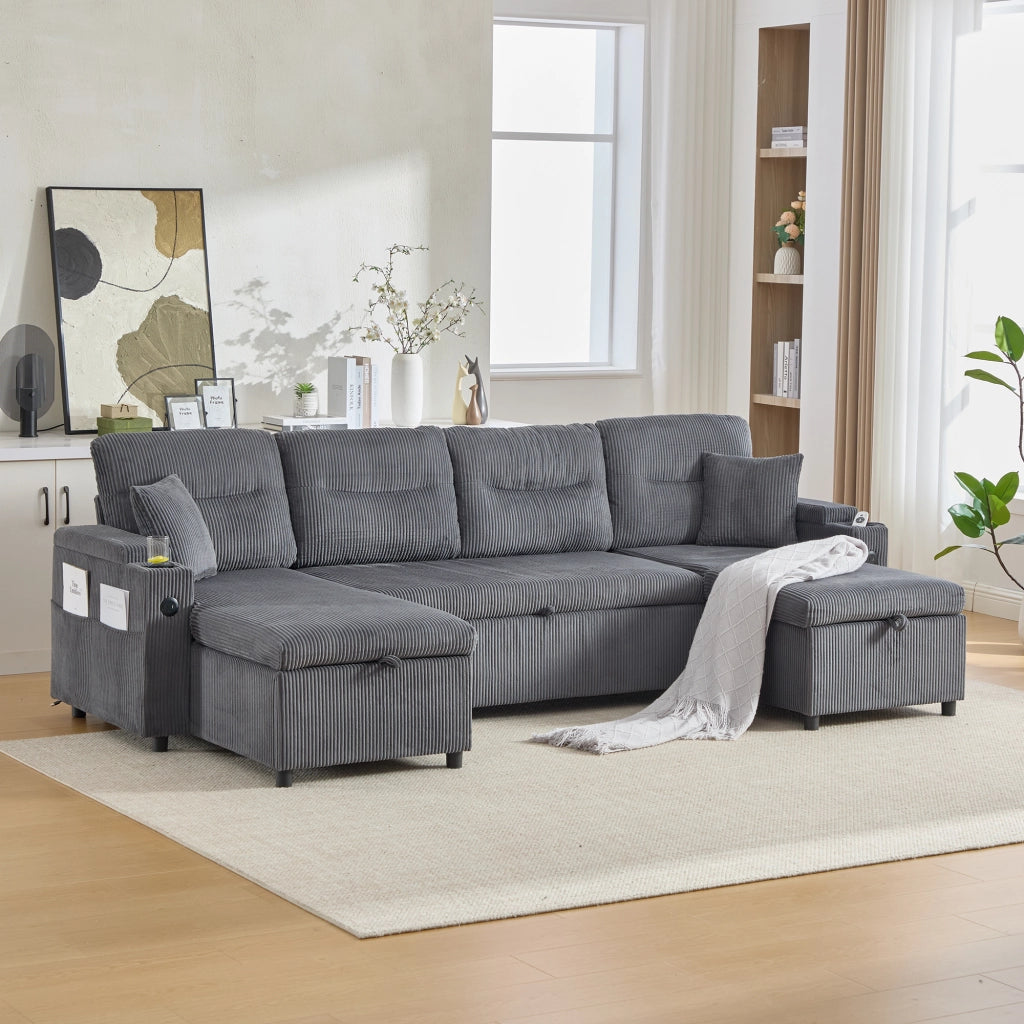 DIVANO 4 POSTI con chaise longue doppia, contenitore, USB-C, Corduroy Grigio Carbonio