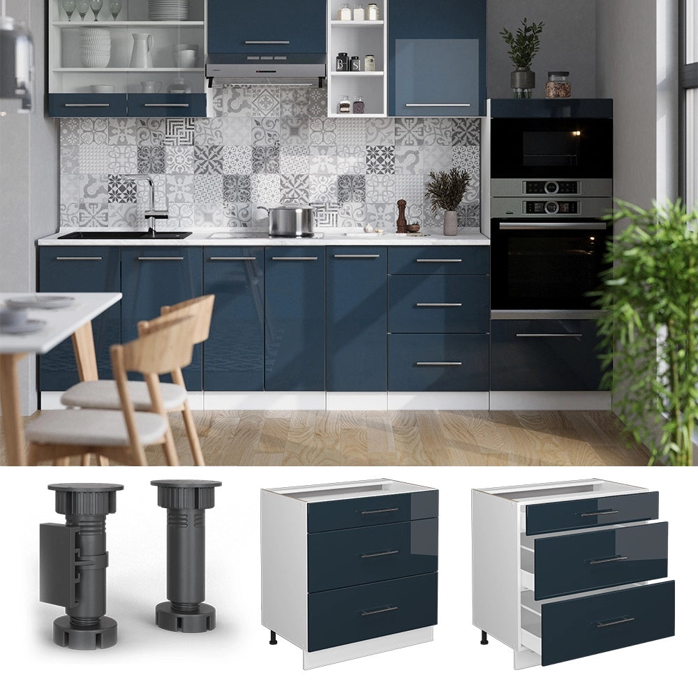 Mobiletto base per cucina Fame-Line Blu scuro lucido/Bianco 80 cm con 3 cassetti, PL Antracite Vicco