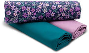 Set di stoffa in cotone 1,5m design + 2x selezione di tessuto a colori omologati 100% cotone (Fine Flowers Navy - Purple Set48)