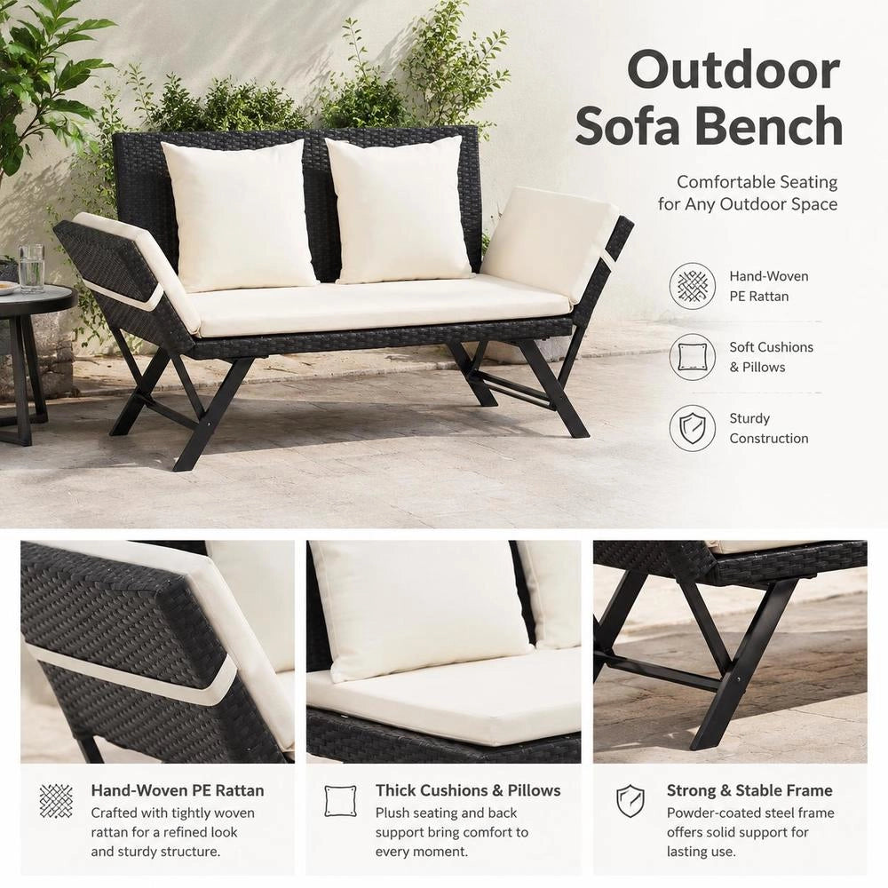 Garden Bench With Cushions, 176 Cm, Black Poly Rattan