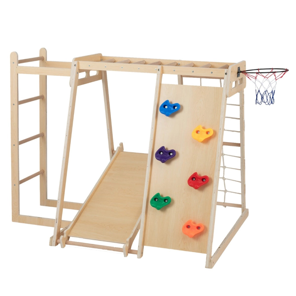 Parco giochi bambini 6 in 1 legno set arrampicata con scivolo, Parco giochi bambini arrampicata e canestro basket Legno naturale-Arrampicate e scivoli
