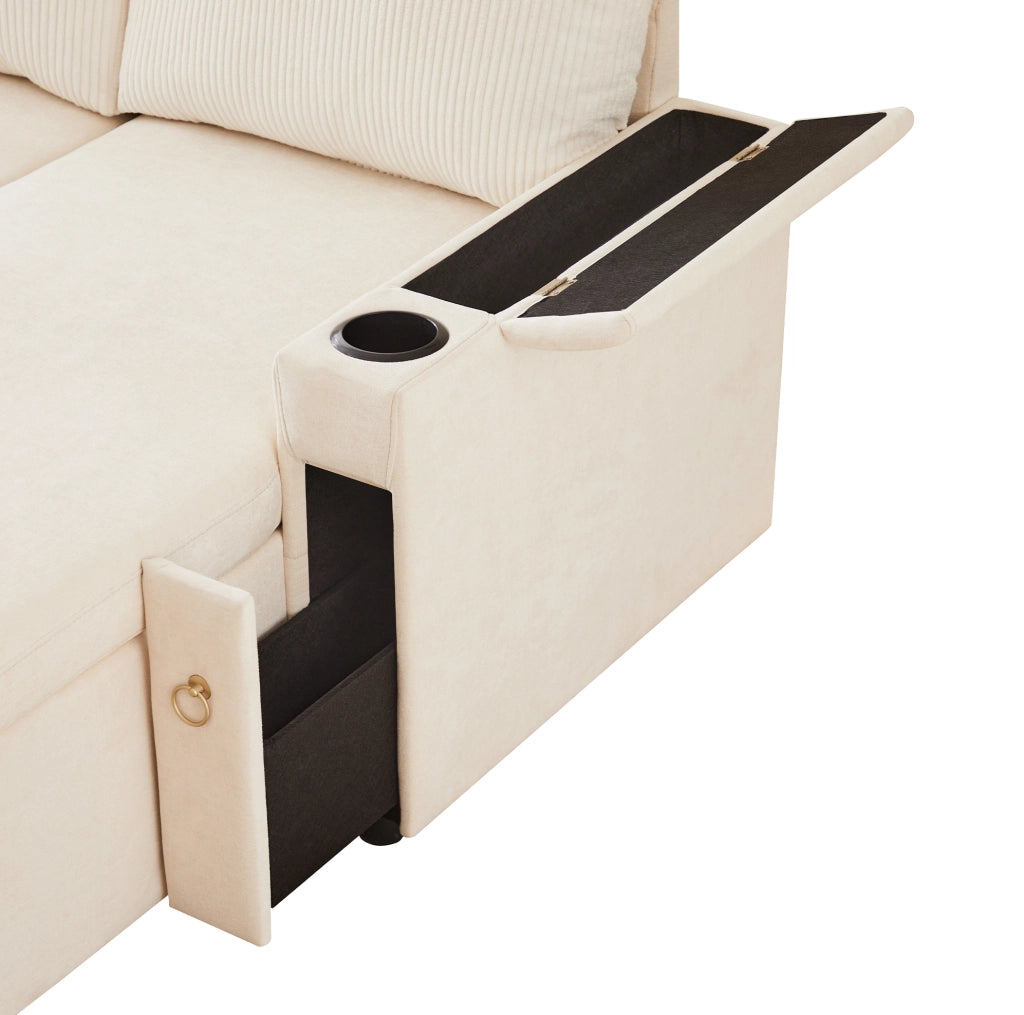 Divano letto modulare ULEVR a U 272x131x84 cm, 4 posti, con contenitore e portabicchieri, beige