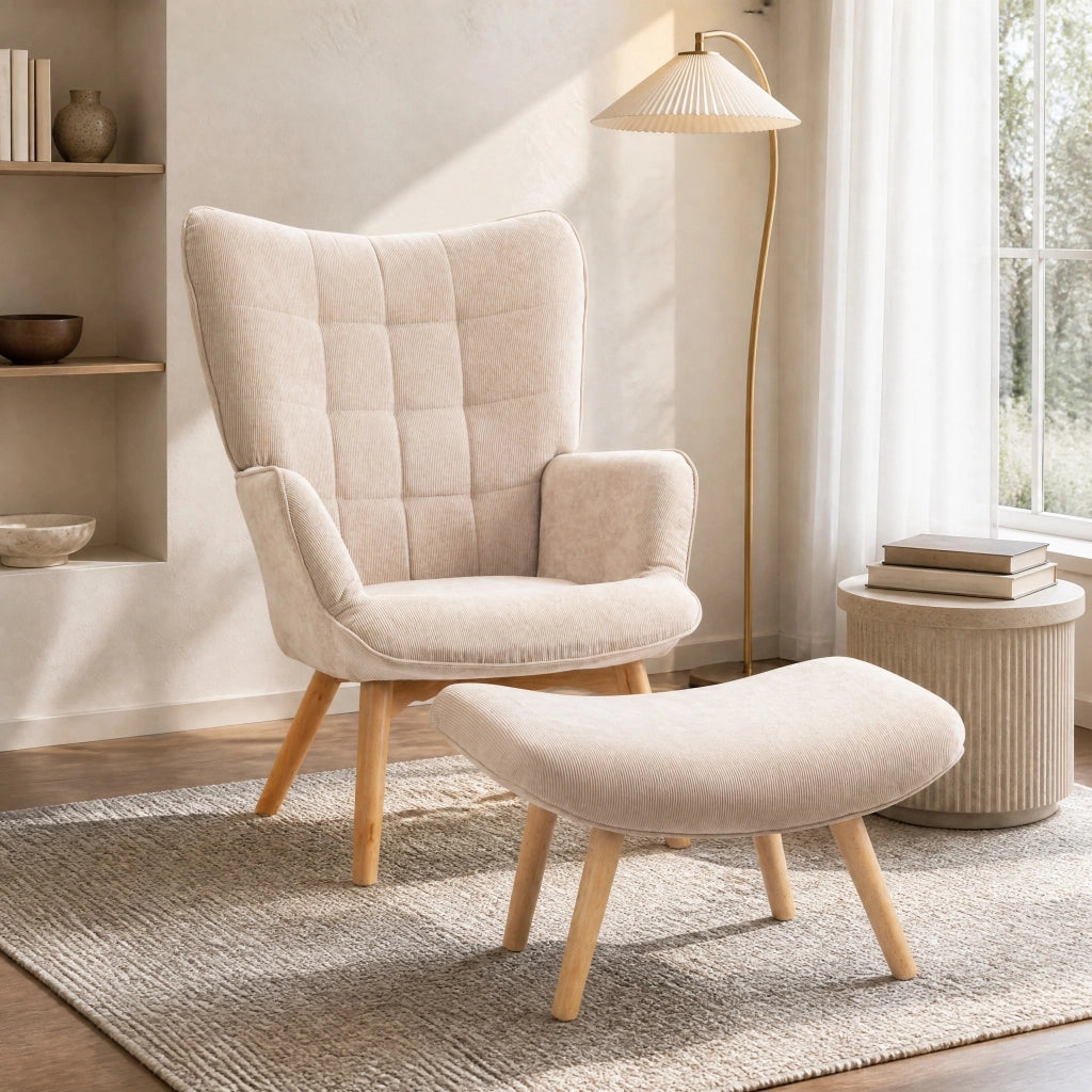 Poltrona con pouf 72x80x101 cm con struttura robusta in corduroy beige