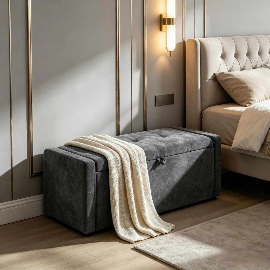 Panca contenitore da letto con vano portaoggetti e seduta ampia, imbottita in schiuma, in lino grigio scuro