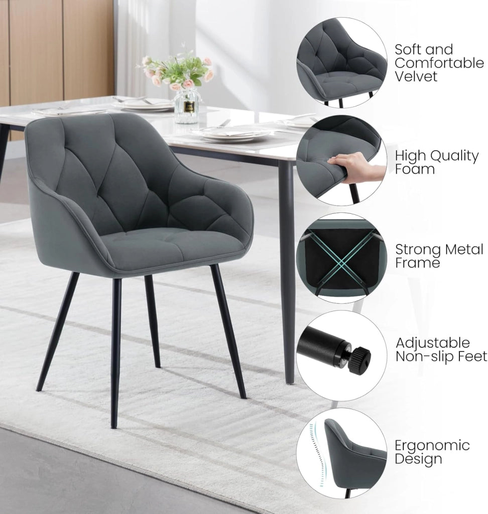 Sedia per Sala da Pranzo con Braccioli e Schienale, in Velluto, Poltrona da Salotto con Gambe in Metallo, Sedia ergonomica per Ufficio, Bar, Grigio Scuro, EZS02dgr-1
