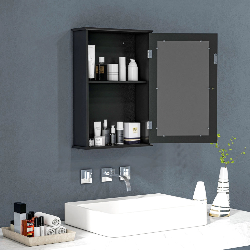 Mobiletto Bagno Pensile con Specchio e Anta a Chiusura Magnetica, 41x14x60 cm, Nero