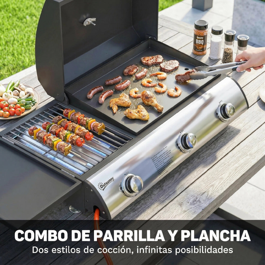 Barbecue a Gas con 3 Bruciatori 7,5 kW ¨C zephmum ¨C Griglia Piana, Ripiano Laterale, Nero