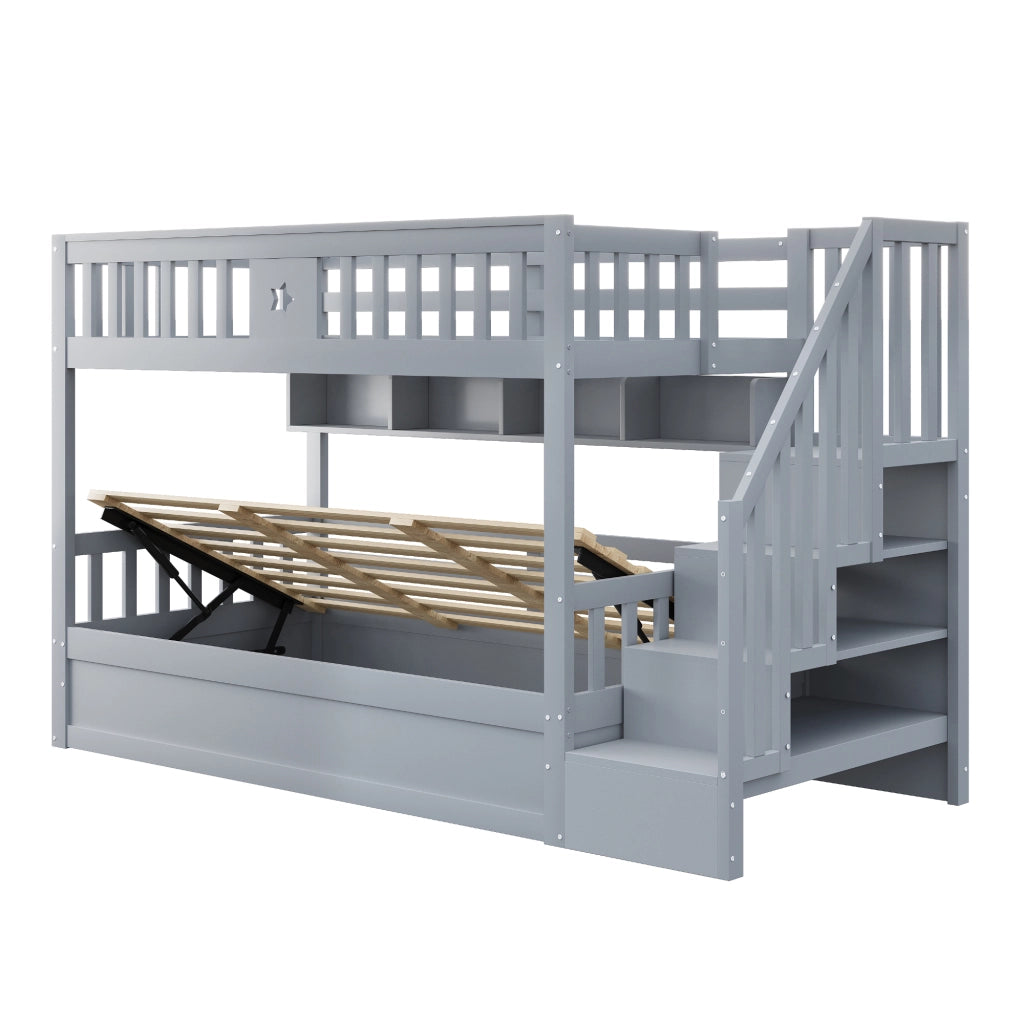Letto a castello 90x200 cm con letto inferiore idraulico, scala con vani contenitore e scaffali, grigio