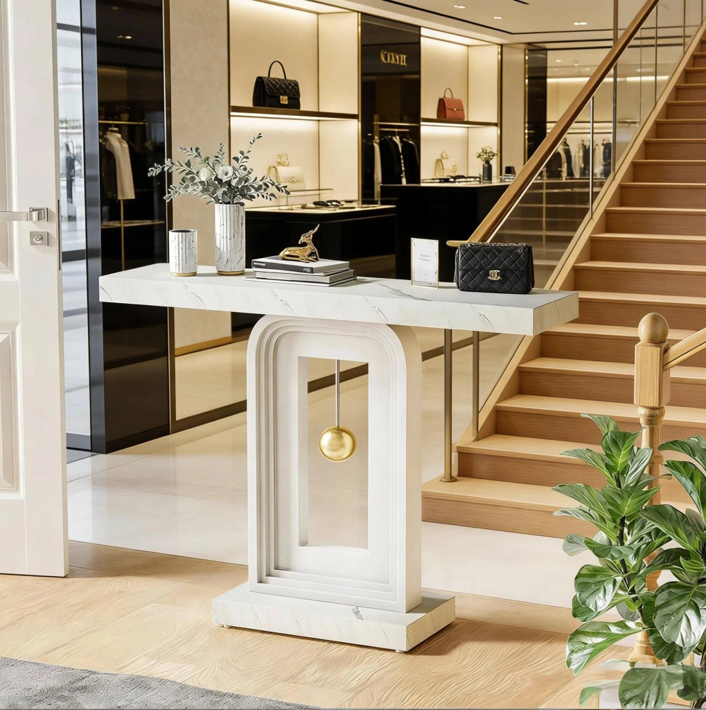 Tavolo consolle stretto 100 cm con base geometrica quadrata; marmo e MDF; bianco