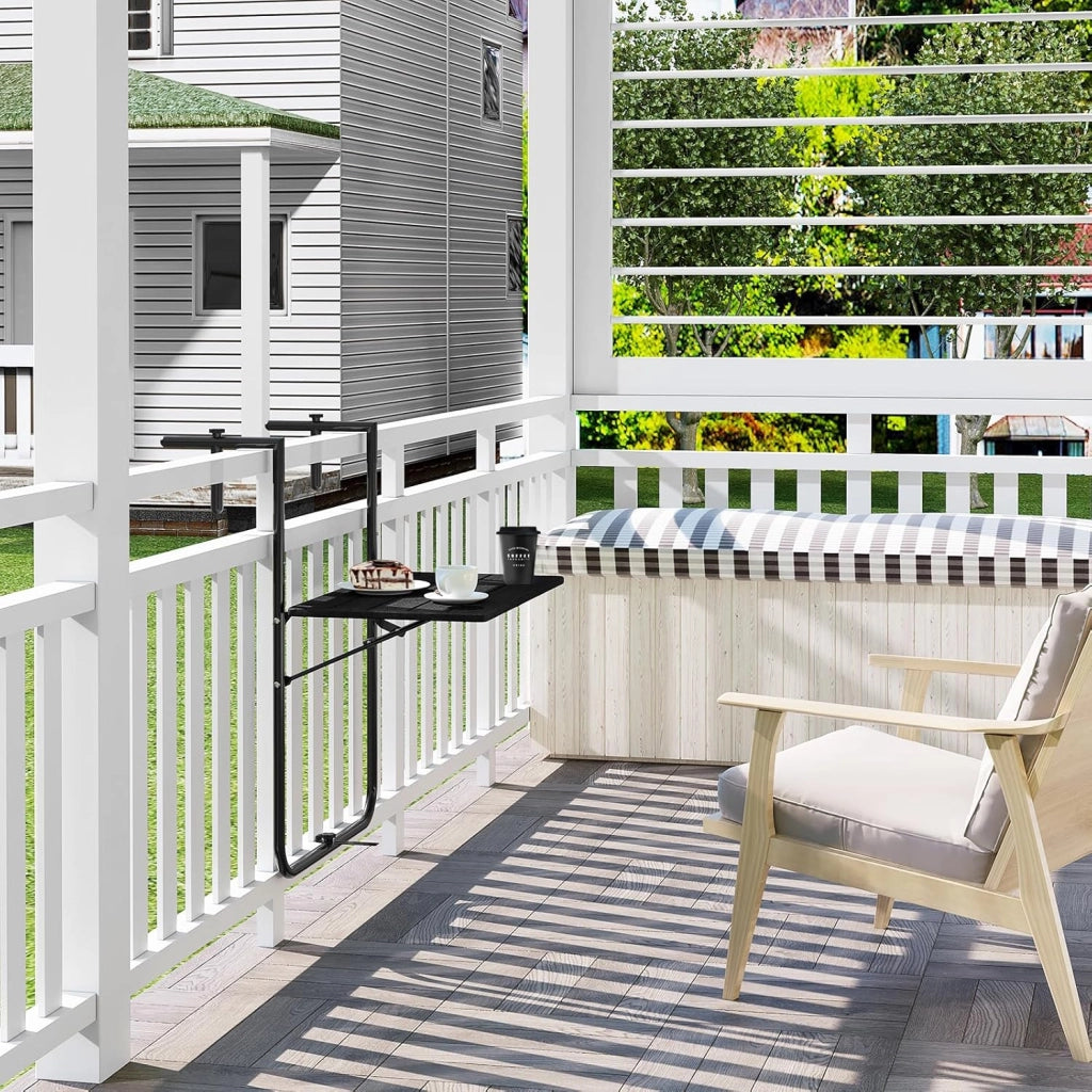 Tavolino pieghevole da appendere, per esterni, balcone, 3 altezze, regolabile, effetto legno, nero