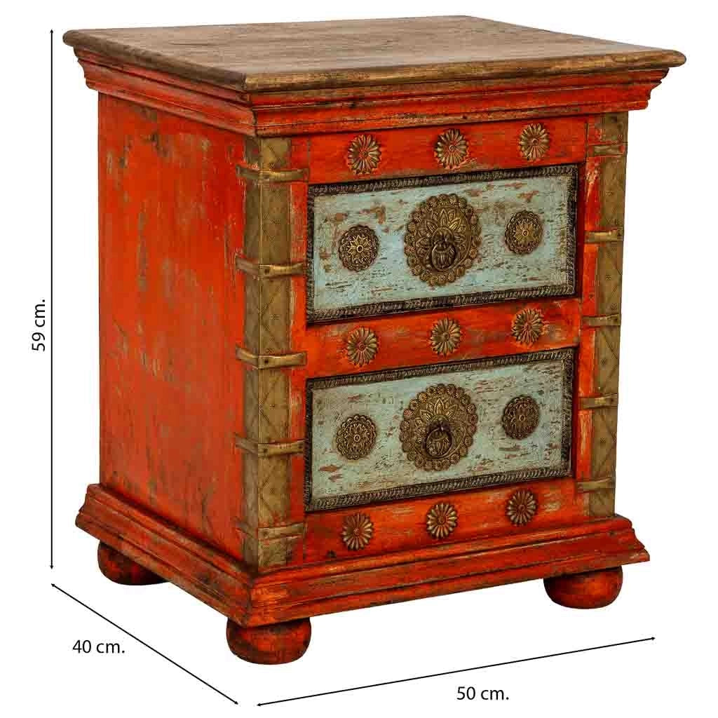 Comodino in legno rosso, realizzato a mano, 50x40x59 cm