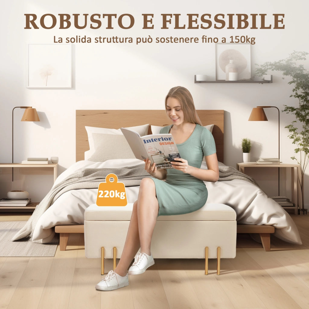 Panca Fondo Letto Contenitore 100x40x42 cm Rivestimento in Velluto Beige