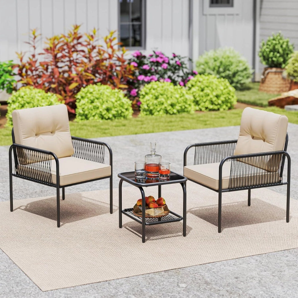 Set di mobili in rattan con tavolo in vetro temperato per esterni per veranda, Set bistro da Patio 3 pezzi Nero+ Beige-Set mobili da esterno
