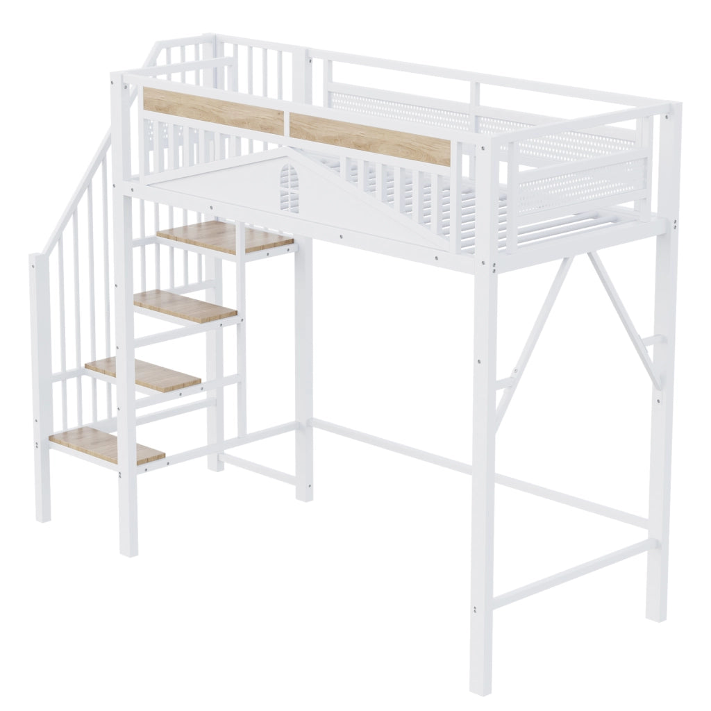Letto a Soppalco Singolo con Scala di Sicurezza; Contenitore e Sponda Finestra; 90 x 200 cm; senza Materasso