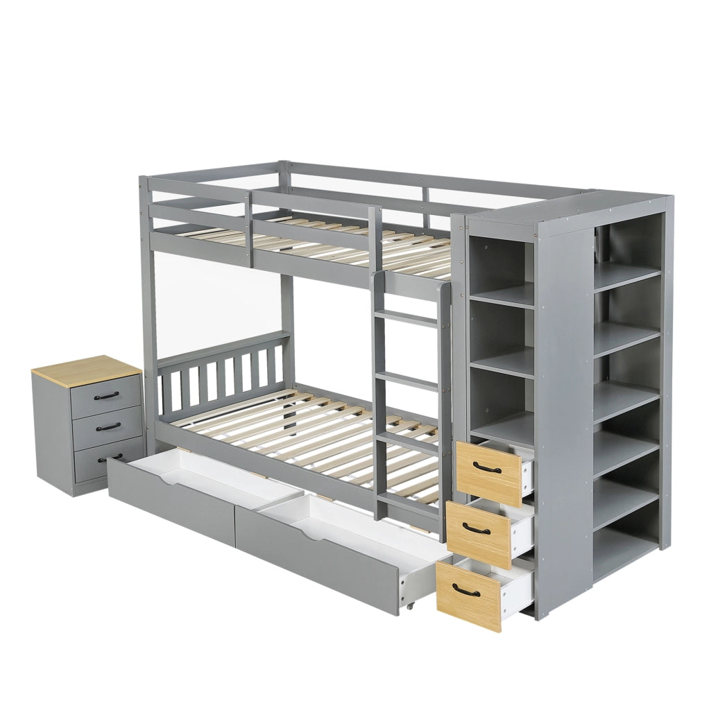 Letto a castello grigio 90x200 cm in legno con 2 cassetti; scala e vano laterale