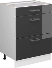 Mobiletto base per cucina R-Line, Antracite lucido, 60 cm con cassetti, senza piano di lavoro, per la libera combinazione all'interno di sistemi cucina modulari