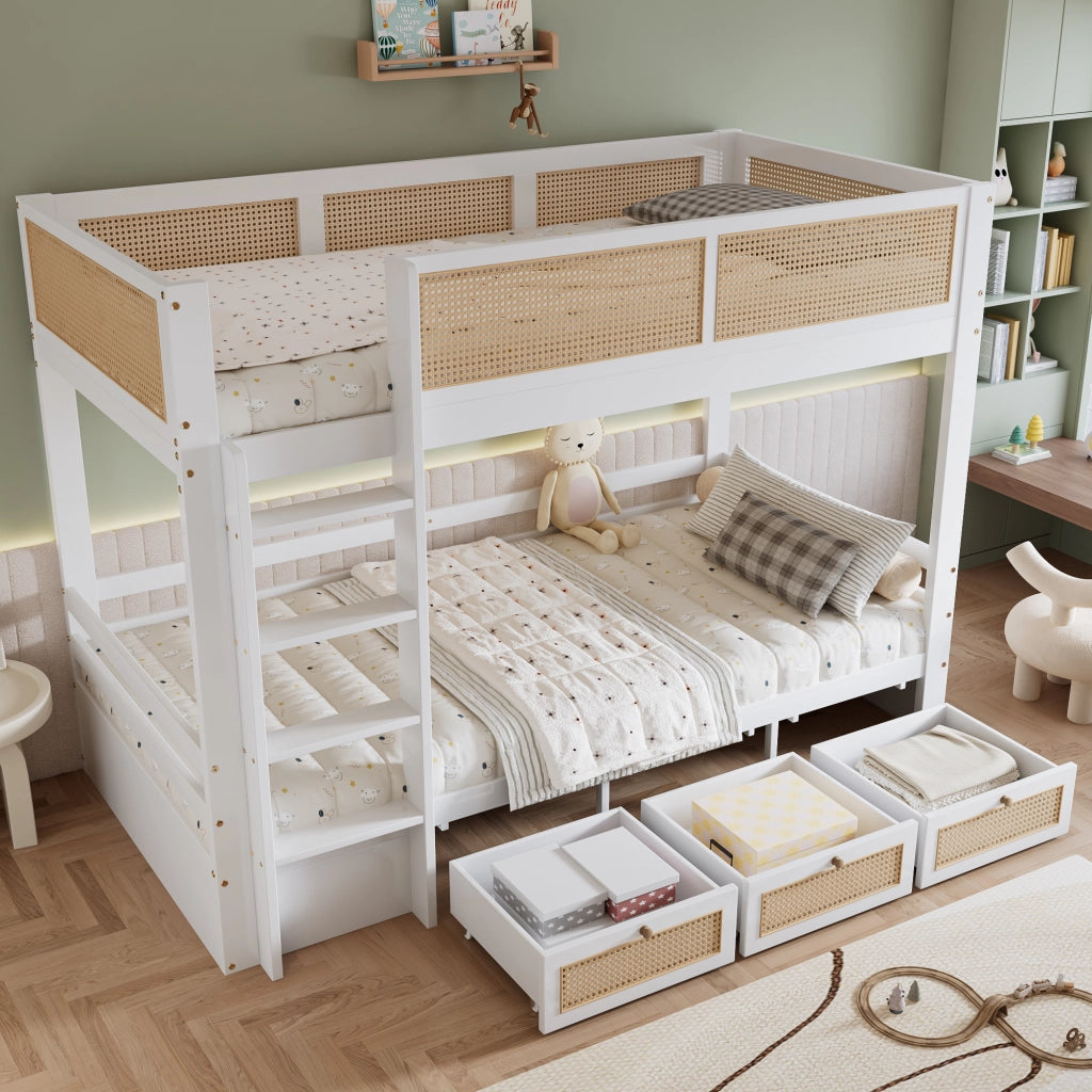 OKWISH Letto a Castello 90×200 cm, Letto Singolo con 3 Cassetti, Scala e Sponde di Sicurezza, senza Materasso, in Legno, Bianco e Naturale