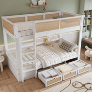 OKWISH Letto a Castello 90×200 cm, Letto Singolo con 3 Cassetti, Scala e Sponde di Sicurezza, senza Materasso, in Legno, Bianco e Naturale