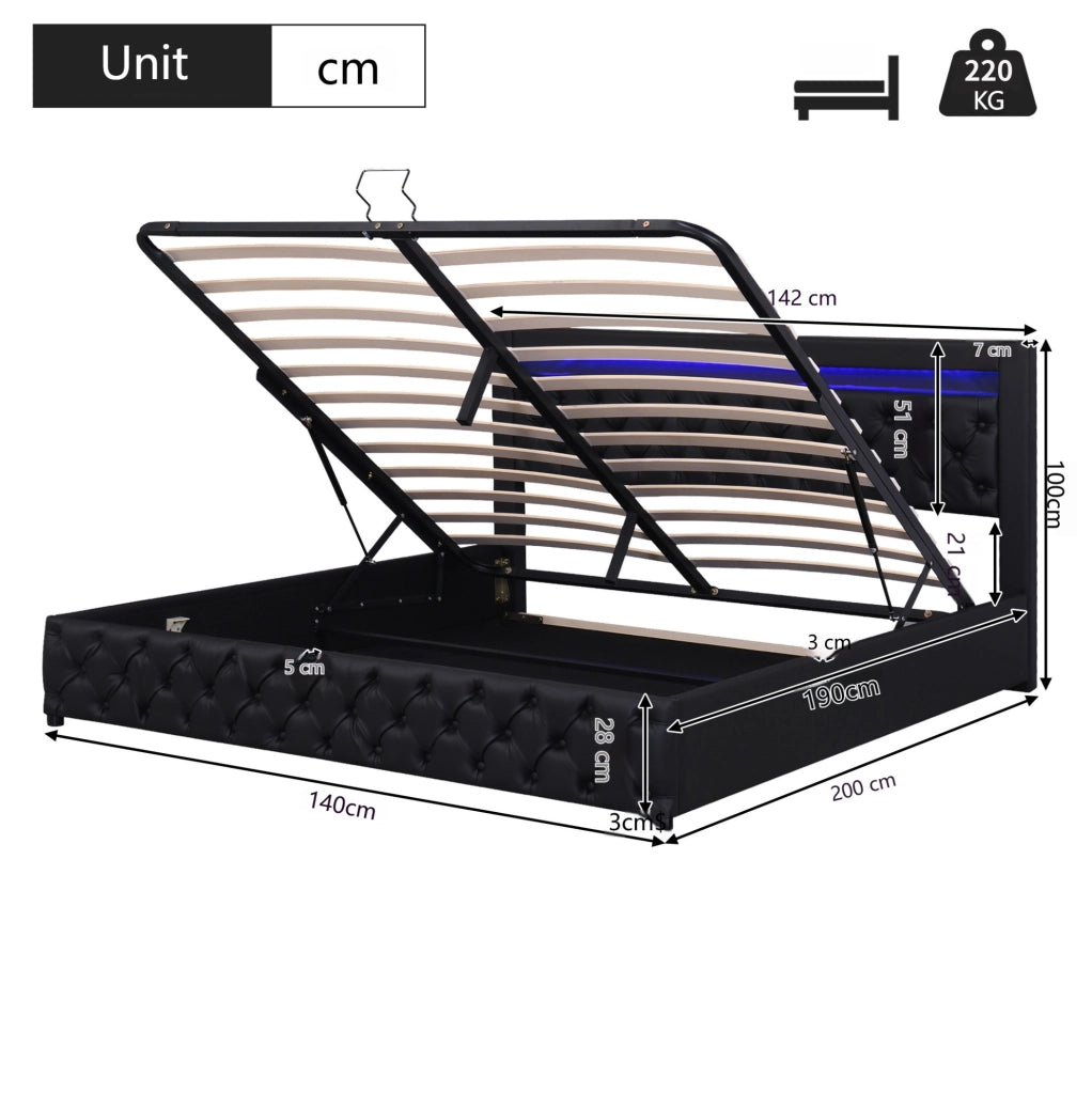 Letto imbottito 140 x 190 cm con contenitore e LED, nero