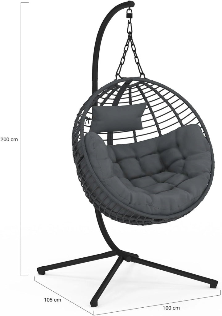Poltrona Rotonda Traforata con Effetto Rattan Grigio e Cuscino Grigio