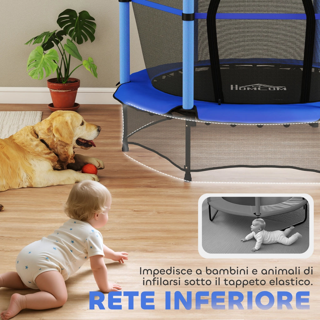 Tappeto Elastico per Bambini con Rete e Pali Imbottiti ¨C zephmum ¨C Blu, ?140x190 cm
