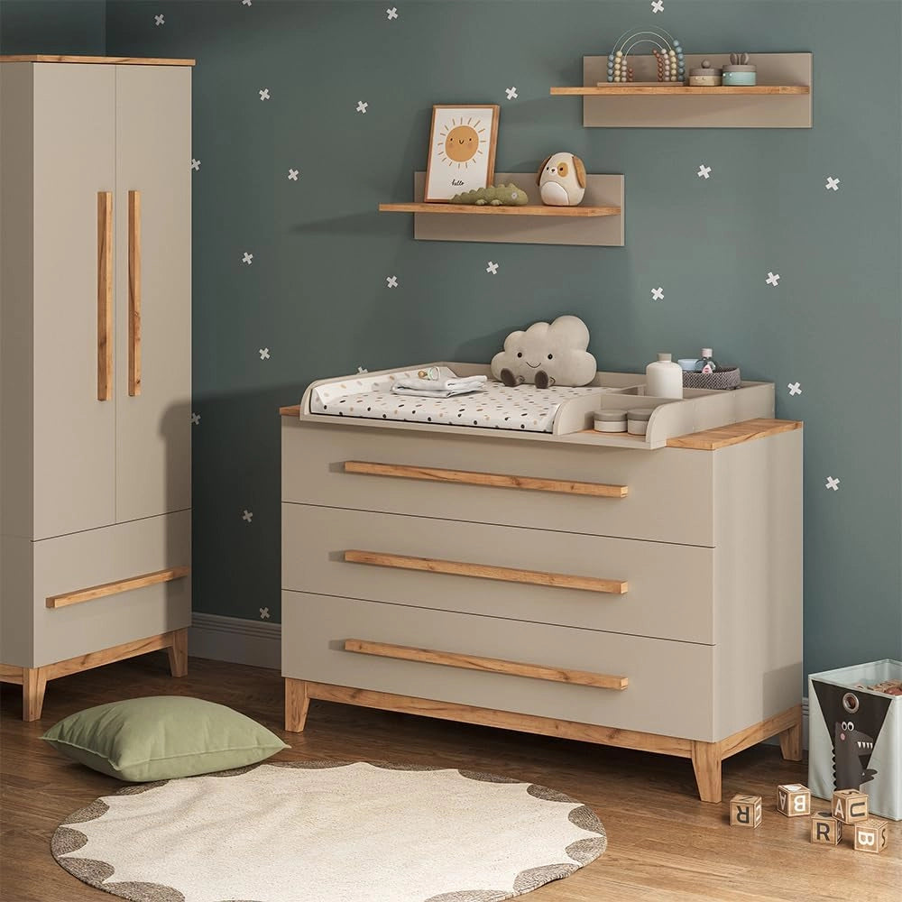 Fasciatoio Malia, Bianco/Artisan, 133.2 x 98 cm con 3 cassetti, con fasciatoio rimovibile per l'utilizzo come cassettiera