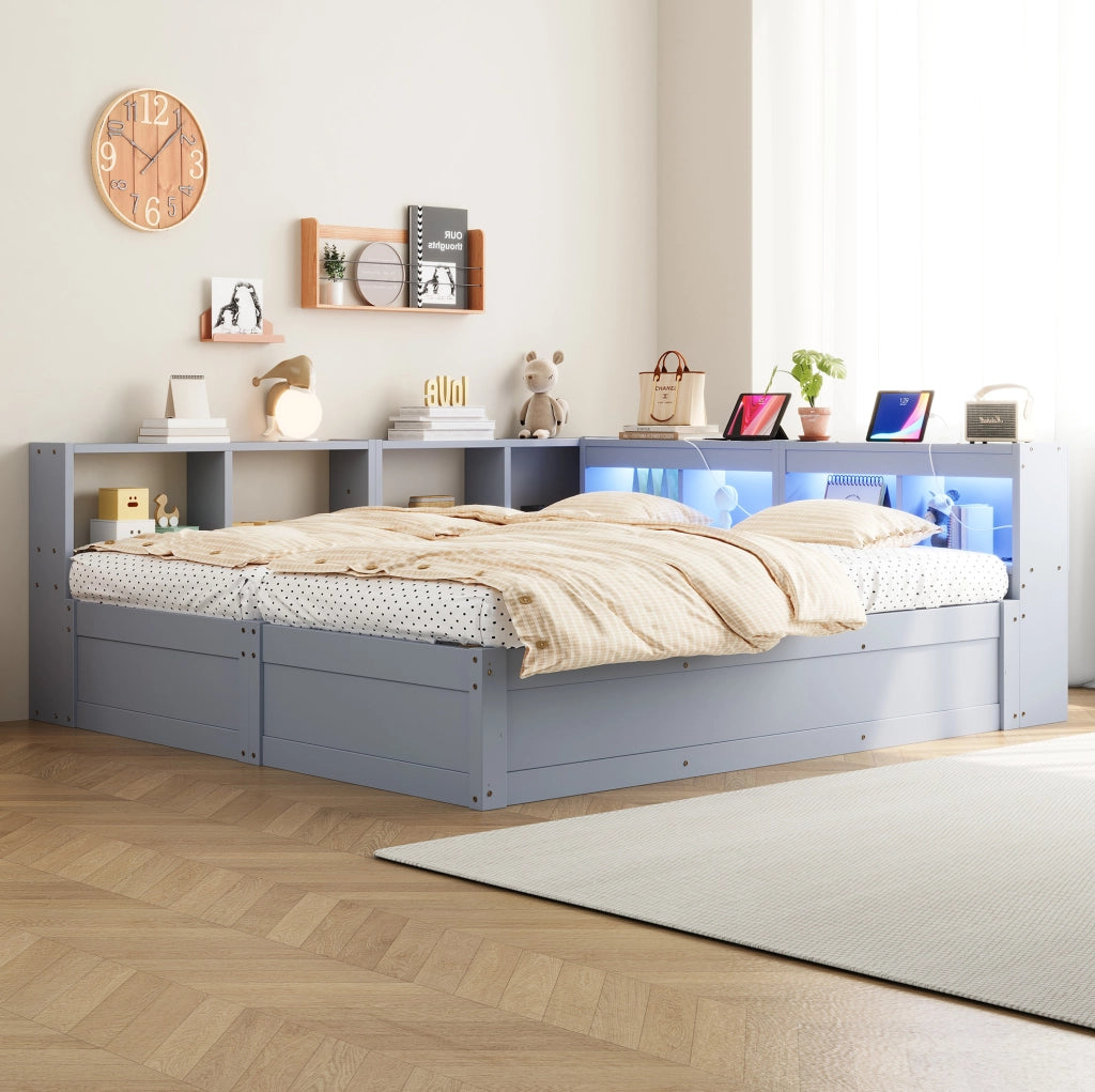 Letto multifunzione 90/180x200 cm grigio con prese integrate; LED e contenitore