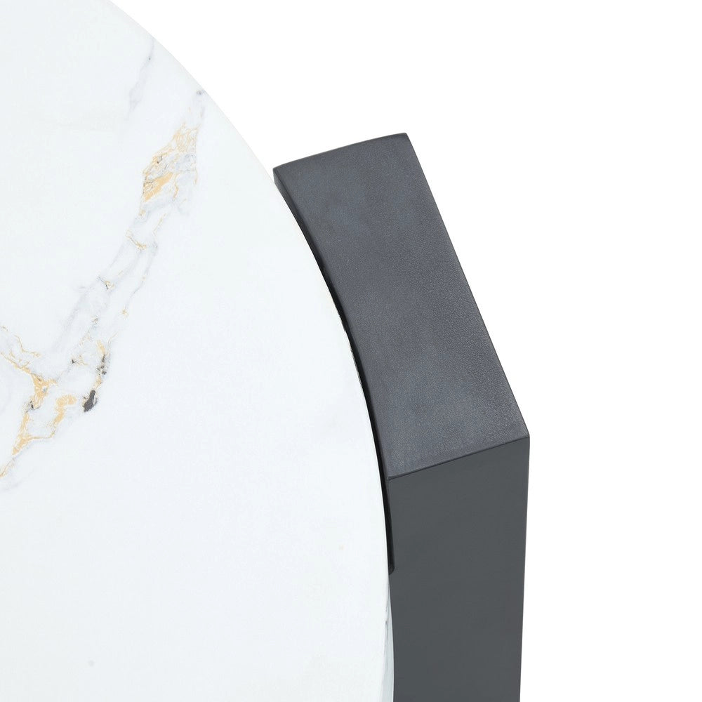 Tavolino Rotondo da Salotto ¨C MINIMAL ¨C Vetro Temperato Trasparente, MDF Nero, Effetto Marmo Bianco