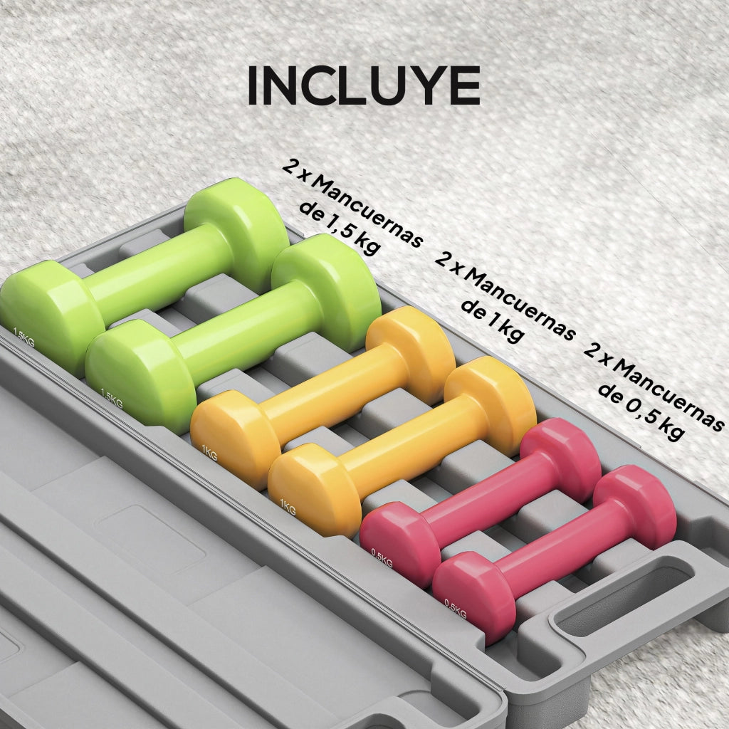 Set 6 Manubri Esagonali ¨C Xylo ¨C 0,5kg 1kg 1,5kg Neoprene con Valigetta Multicolore