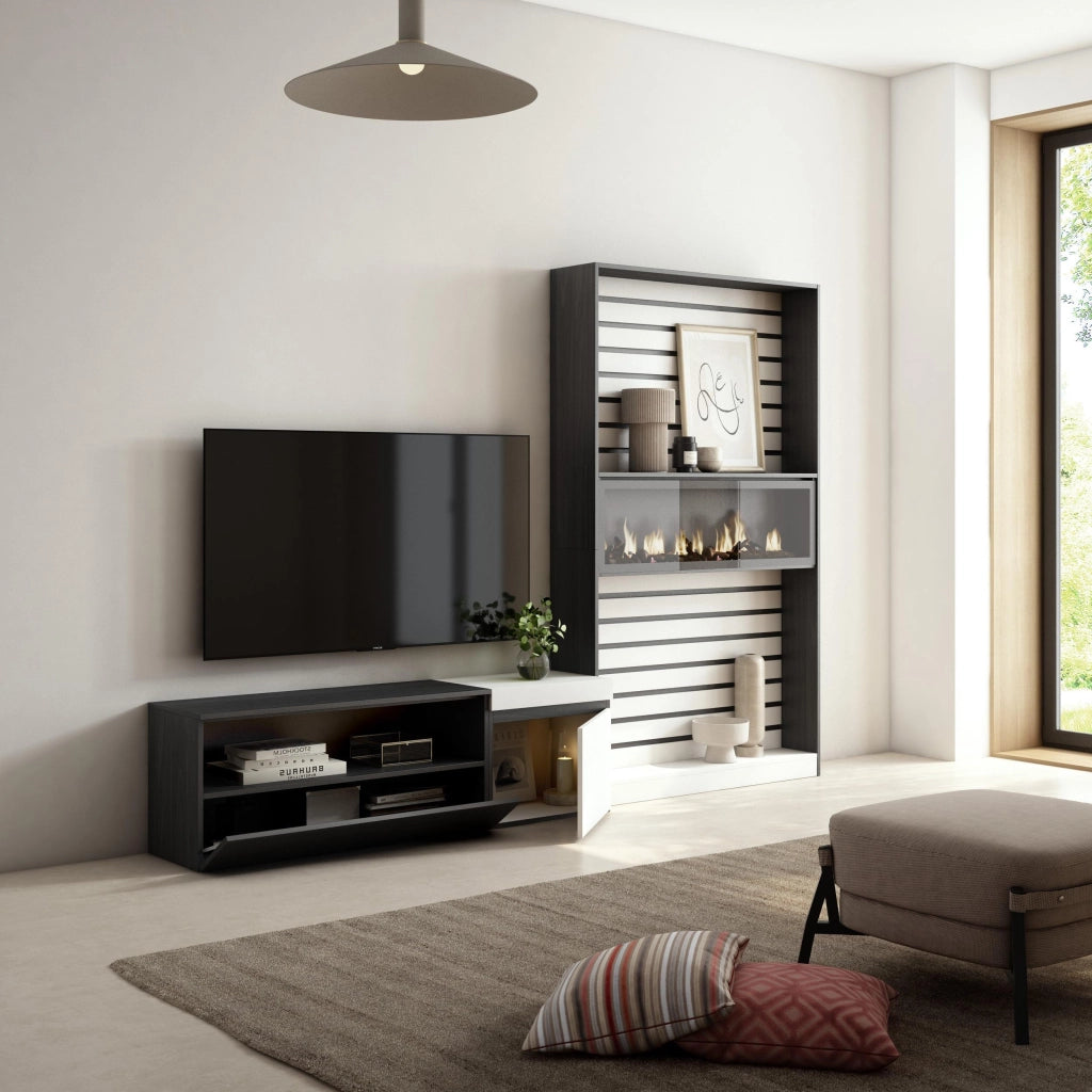 Mobile TV, Soggiorno, 260x35x186cm, Per TV fino a 65", Camino elettrico, Bianco e nero RF2551