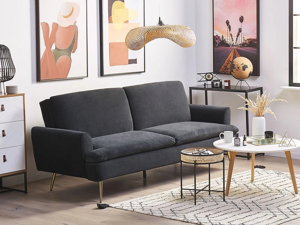 Divano Letto in Velluto Nero 3 Posti Click Clack Gambe In Metallo Dorato