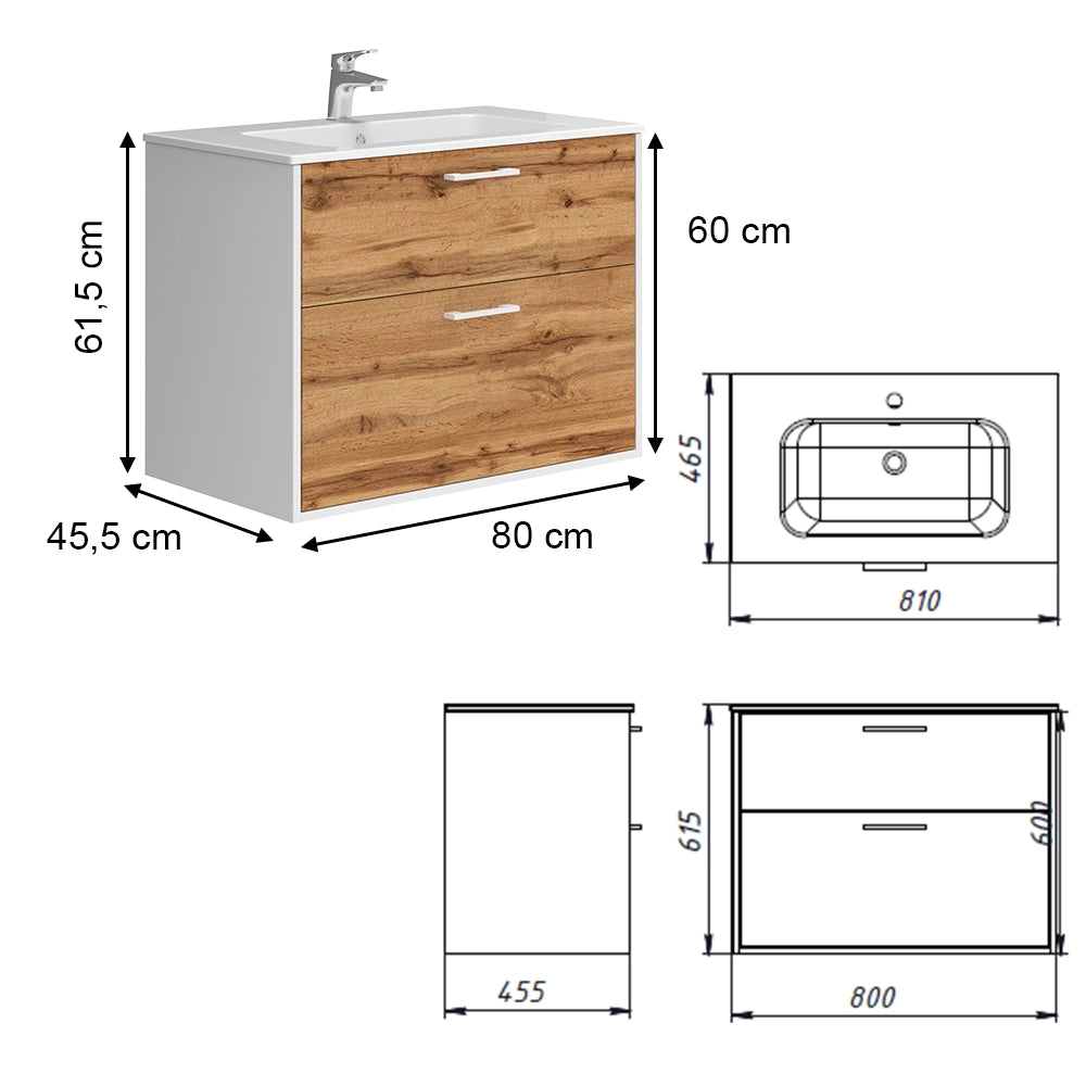 Vicco Set di mobili da bagno Rovere bianco/dorato 80 x 61.5 cm con lavabo