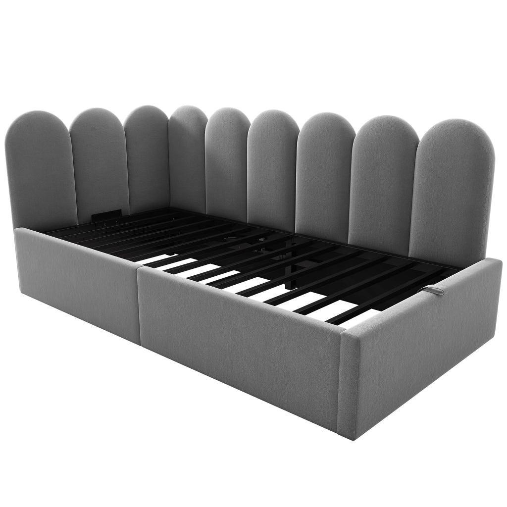 Letto giorno 90x190 cm in velluto grigio con spazio contenitore, rete a doghe metalliche e design a grata