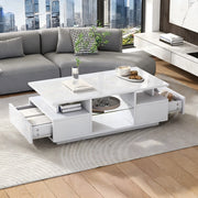 Tavolino basso con 2 cassetti e ripiani in vetro con LED bianco lucido 100 × 50 × 36 cm