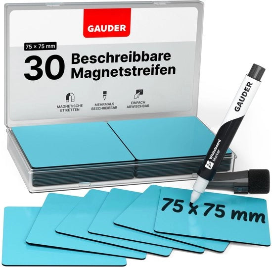Etichette magnetiche descrittabili - Tavoli bianchi, lavagne, bacheche Kanban, frigoriferi - Carte magnetiche con pennarelli (30 pezzi - 75 x 75 mm)