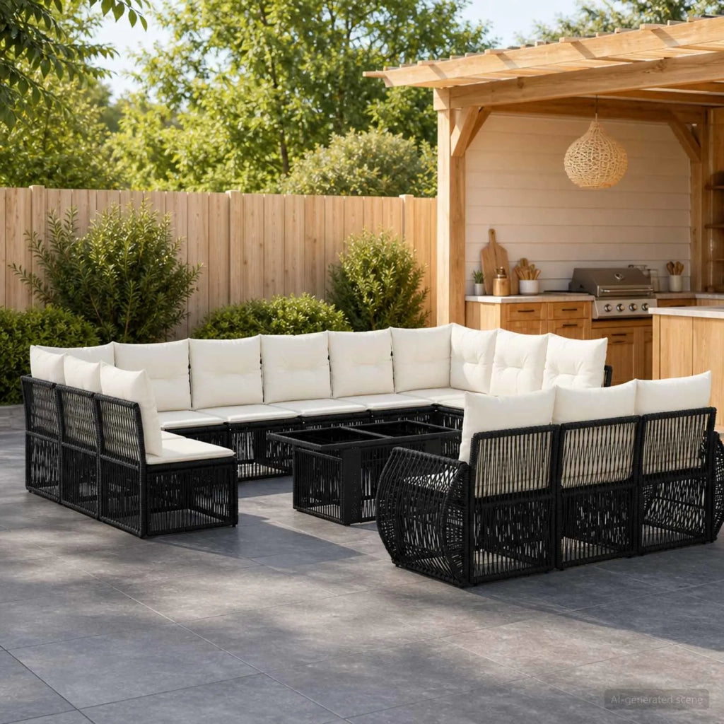 Set Divano da Giardino 14 pz Nero e Bianco Crema polyrattan 3437014