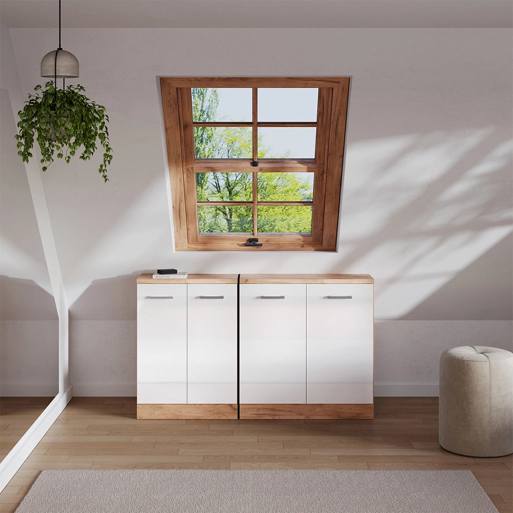 Set di mobili sottotetto Rion Bianco lucido/Rovere dorato 140 cm Set di 2 carcasse armadio profondità 60 cm Vicco