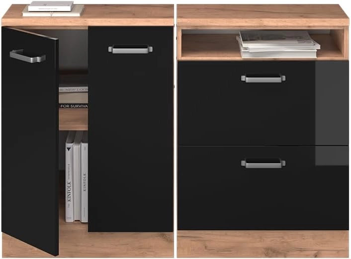 Set di mobili sottotetto Rion, Nero lucido, 120 cm Set di 2 carcasse armadio profondità 60 cm, adatto per il salvaspazio sotto tetti spioventi