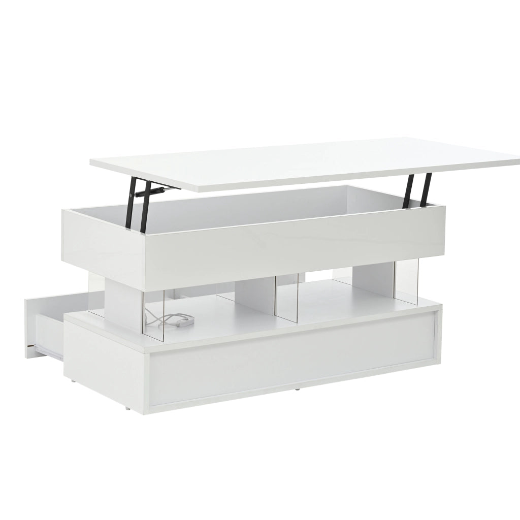 TAVOLINO 100 x 50 x 46 cm bianco in MDF con piano sollevabile, 2 cassetti e LED