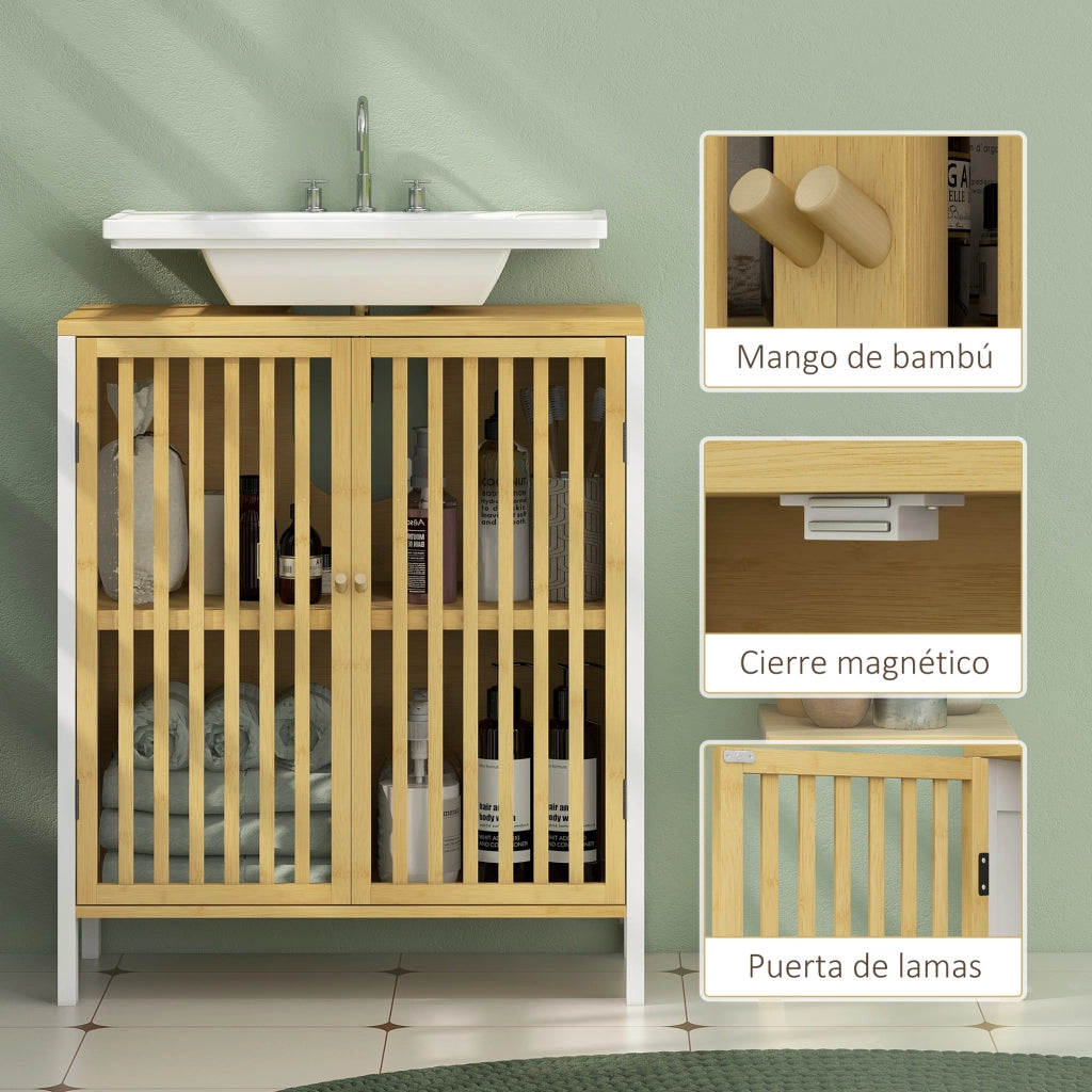 Mobiletto Sottolavabo in Bamb¨´ con Ante e Ripiano Aggiustabile ¨C Zephmum ¨C 60x30x70 cm Bianco Naturale