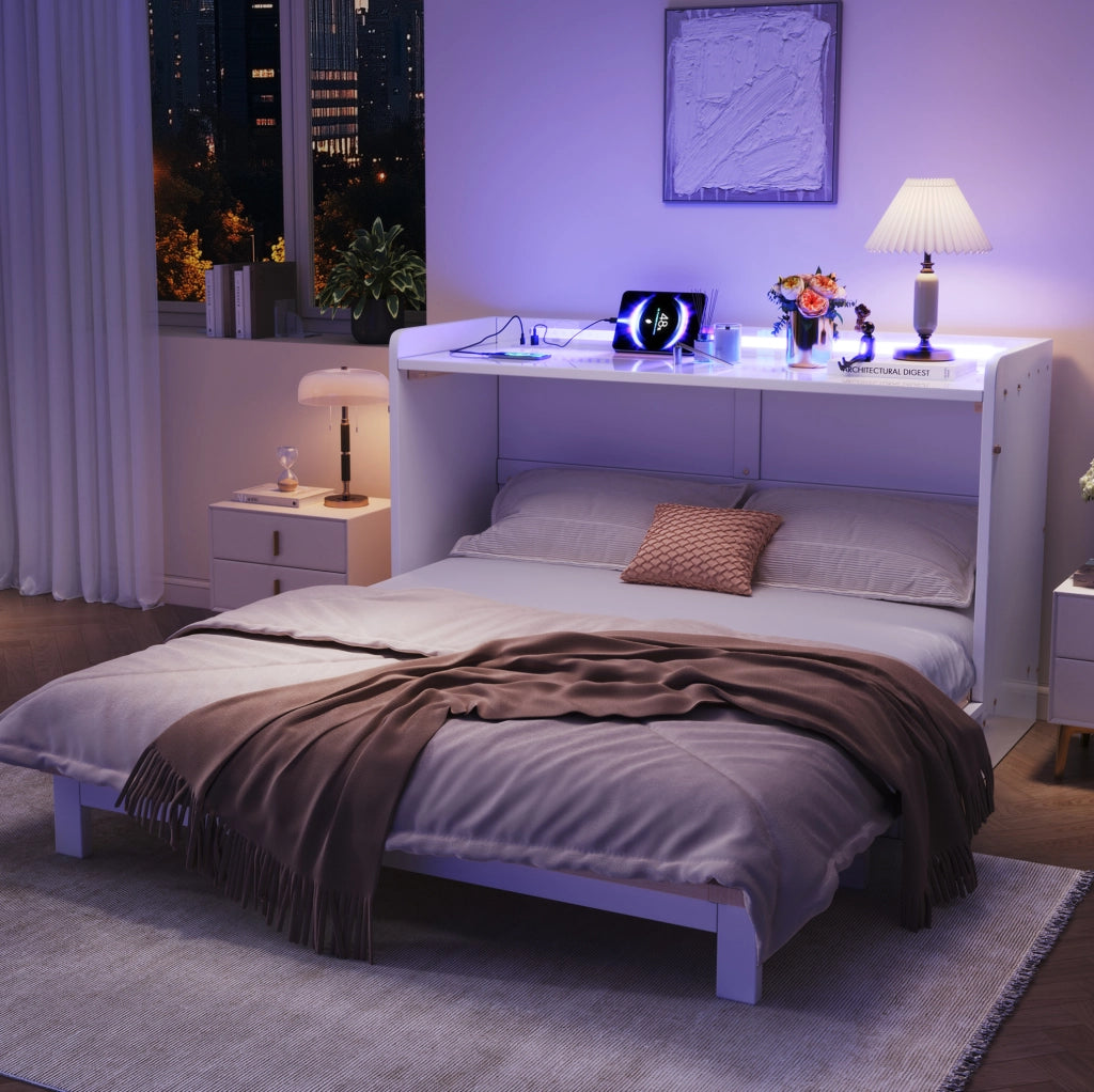 Letto a scomparsa 140x200 cm con cassetti, LED, USB e presa