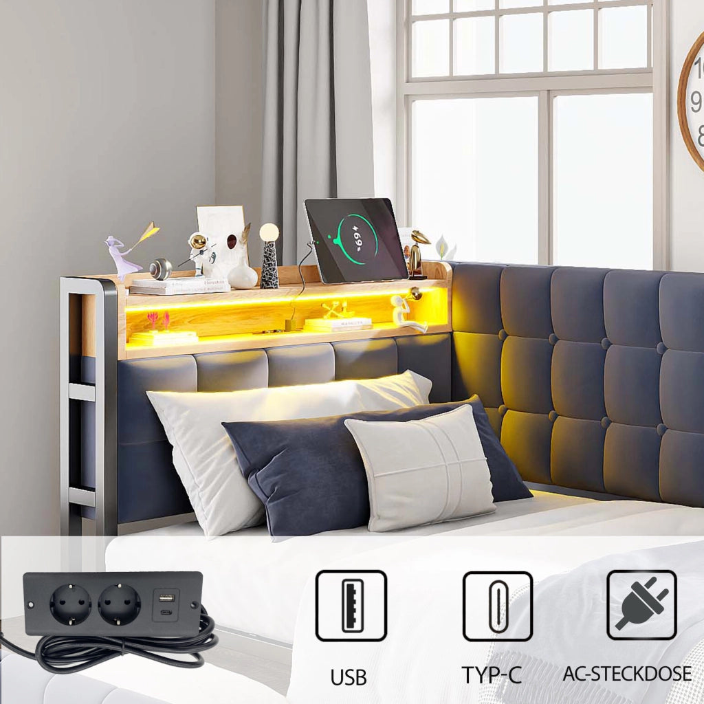 Letto singolo 90×200 cm con 2 cassetti; LED; USB e Type-C; senza materasso; tessuto; grigio