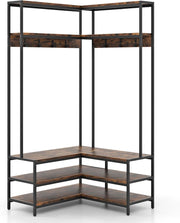 Appendiabiti da Terra a Forma di L, Mobile Ingresso con Scarpiera con Panchina, Ripiano e Gancio, Design Industriale per Angolo, 90 x 90 x 178 cm (Marrone)