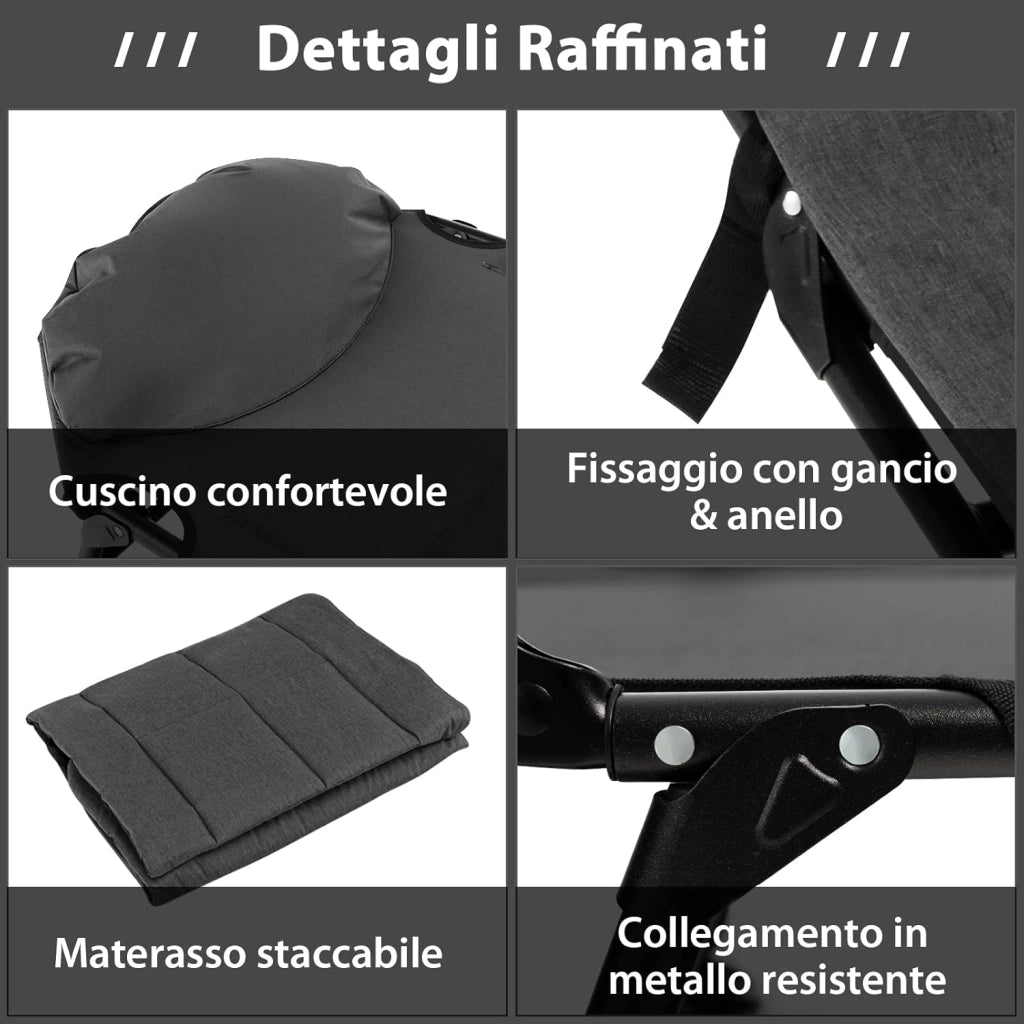 Brandina da Campeggio Pieghevole con Materasso Rimovibile, Poggiatesta, Schienale Regolabile in 6 Posizioni e Copripiedi Girevole a 360°, per Campeggio, Ufficio e Ospiti (Grigio)